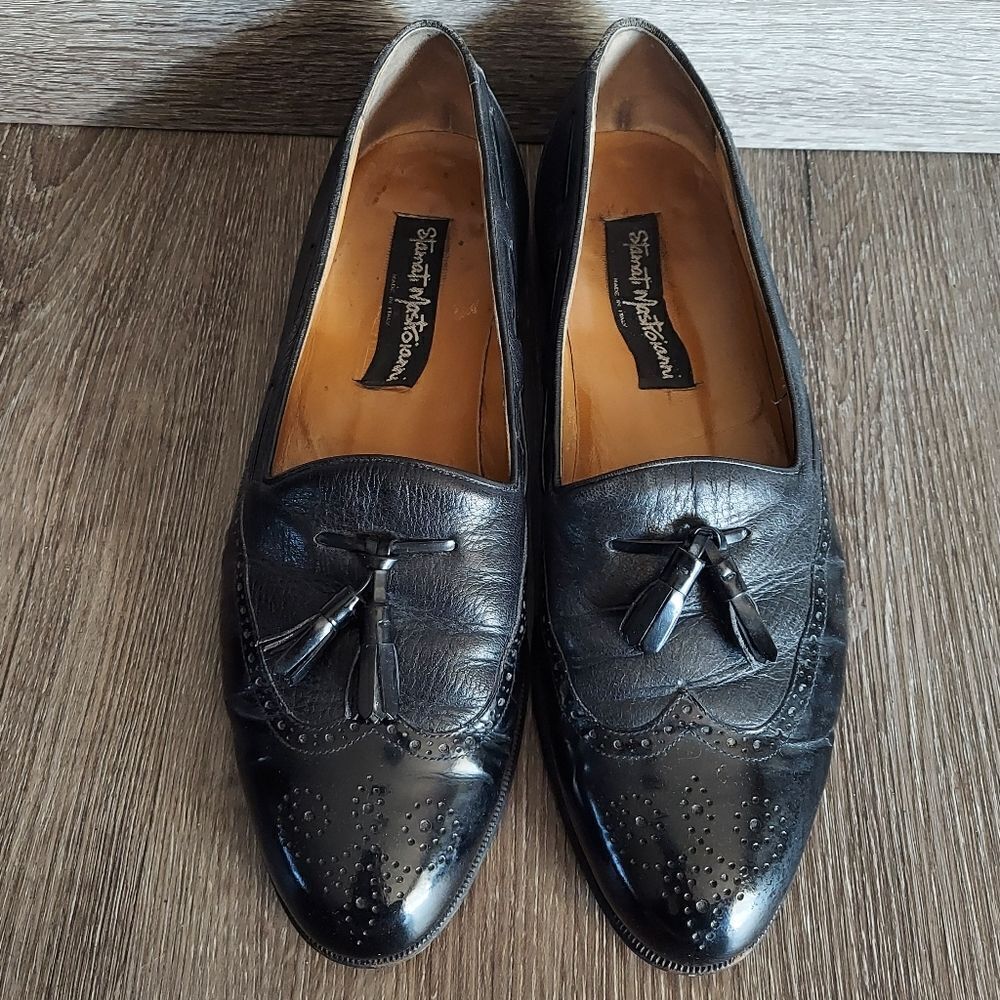 Stamati Mastroianni Hand Made Leather Wing Tip Tassel Loafers Black Size 11